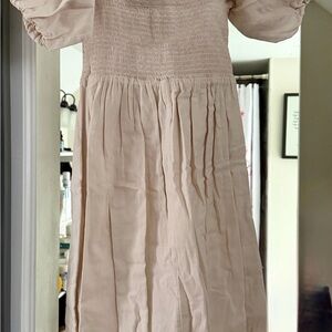 BNWOT 7 FOR ALL MANKIND Beige Cream Smocked Puff Sleeve ON/OFF Shoulder Dress XS